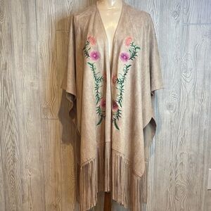 LaBellum Boho Western Festival Faux Suede Embroidered Poncho with Fringe - OS